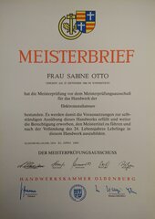 Meisterbrief, Frau Sabine Otto